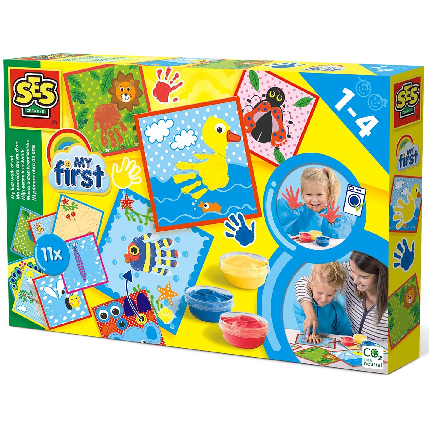 SES Creative: My First Work Of Art - Finger Painting Craft Set, Animal Theme, Vibrant Paint Colors, Printed Cards, Paintbrush, Baby &#x26; Toddler Ages 1+
