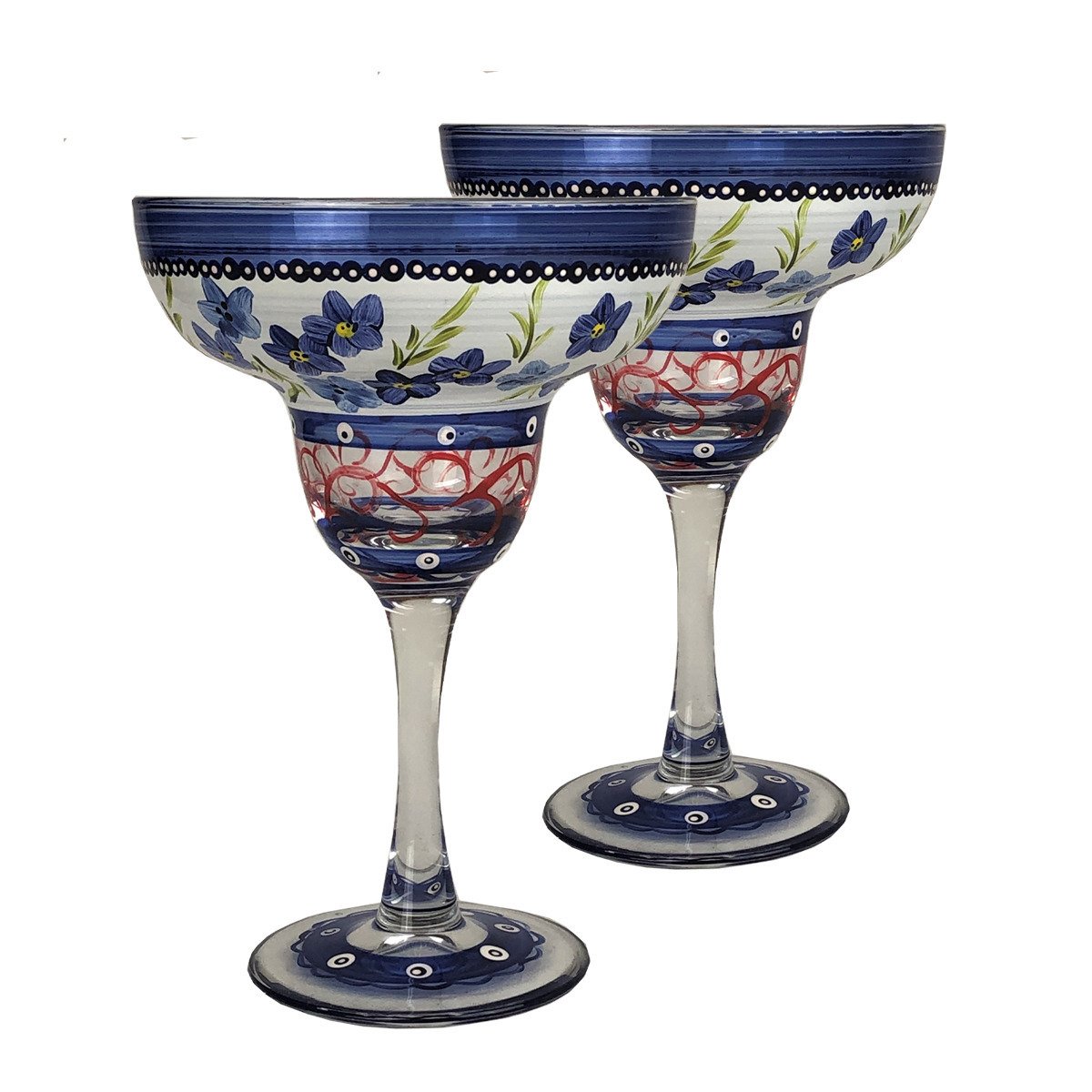 Barcelona Blue Flowers Margarita Set Of 2 Hand Painted Glassware