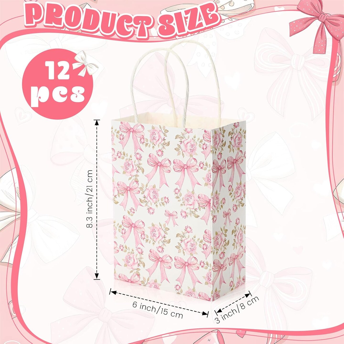 12 Pcs Coquette Pink Bow Flower Party Favor Bag Paper Pink Gift Goodie Candy Treat Bag Bulk with Handles for Birthday Bachelorette Decoration Bridal Baby Shower Party Supplies