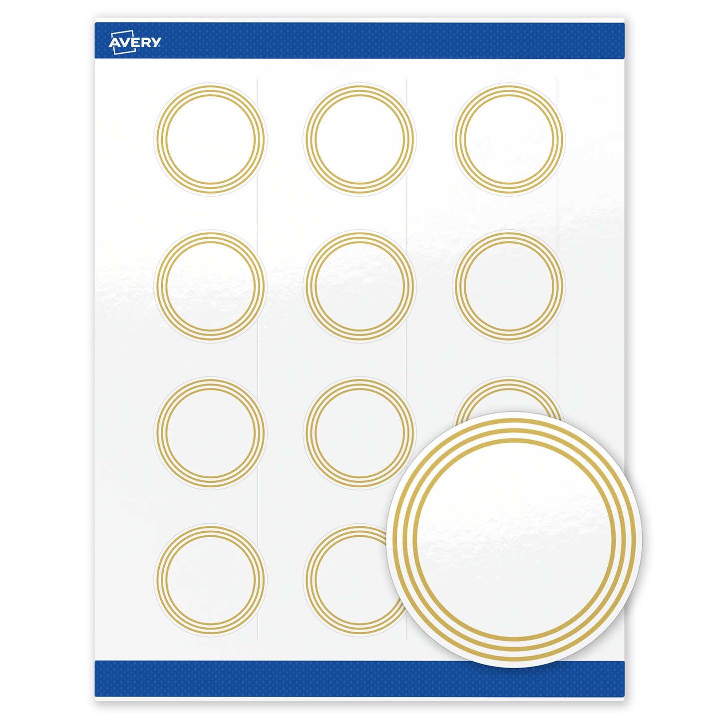 Avery Printable Round Labels with Sure Feed Technology, Multi-Lined Gold Border Design, 2&#x22; Diameter, Glossy White Permanent Labels, Laser/Inkjet, 120 Total, Great for Product Labels