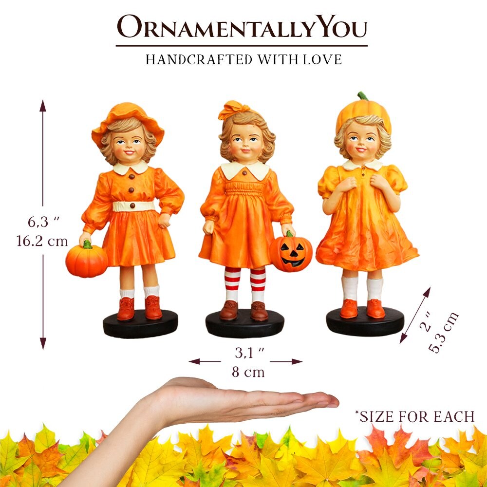Inviting Pumpkin Girl Trio Set of Figurines, 6&#x22; Victorian Autumn Fall and Halloween Table Decoration