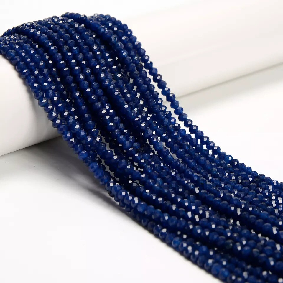 Sapphire Blue Color Dyed Jade Hard Cut Faceted Rondelle Beads 3x4mm 15.5 Strand