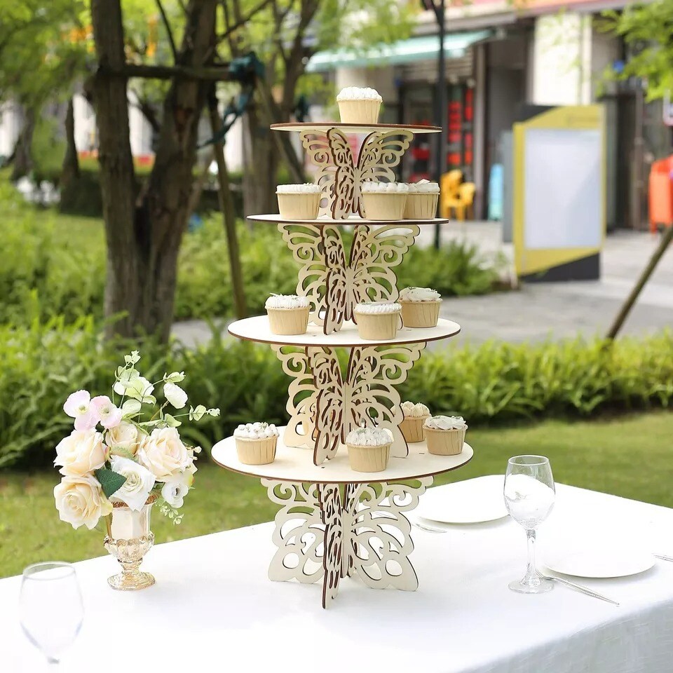 4 Natural Wooden Dessert Cake Stand Laser Cut Butterfly Design Party Decorations