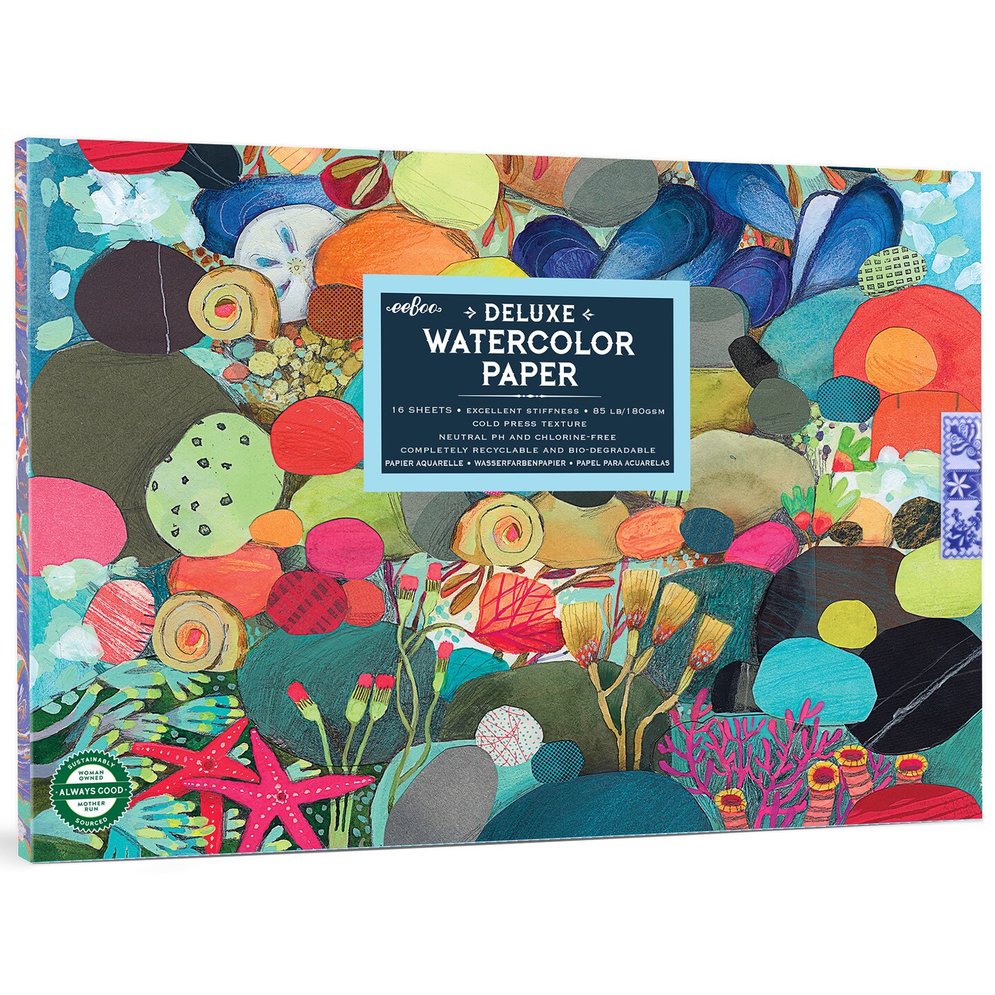 eeBoo Piece &#x26; Love: Tidepool Watercolor Pad - 16 Sheets, 85 lB Paper, 9.5 x 6.5&#x22; Book, Adults Arts &#x26; Crafts