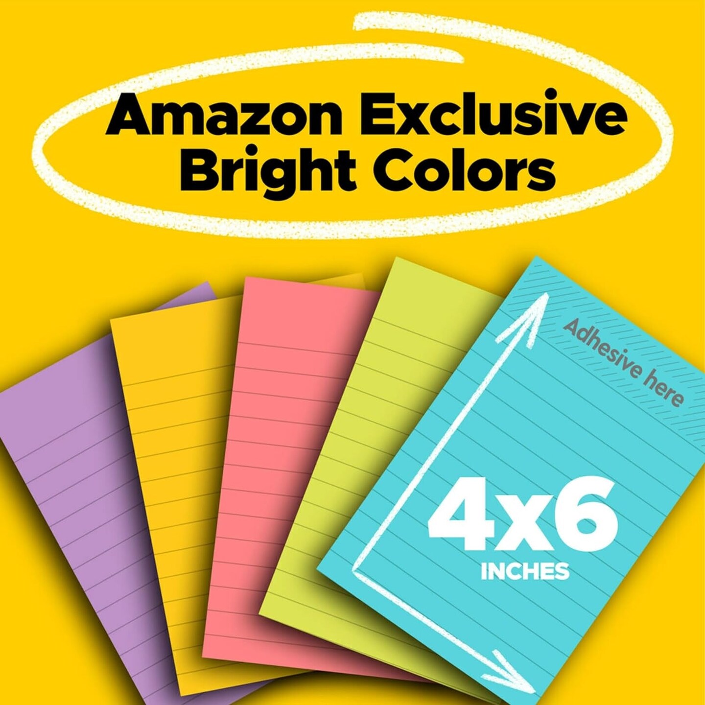Super Sticky Lined Notes, 5 Sticky Note Pads, 4X6 In, 2X the Sticking Power, Back to School Supplies for Students, Sticky Notes for Textbooks, Notebooks, Walls and Vertical Surfaces