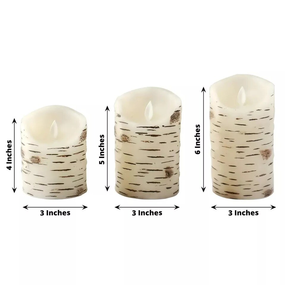 3 LED Warm White Candles Battery Operated Birch Bark Design Pillar Lights Party