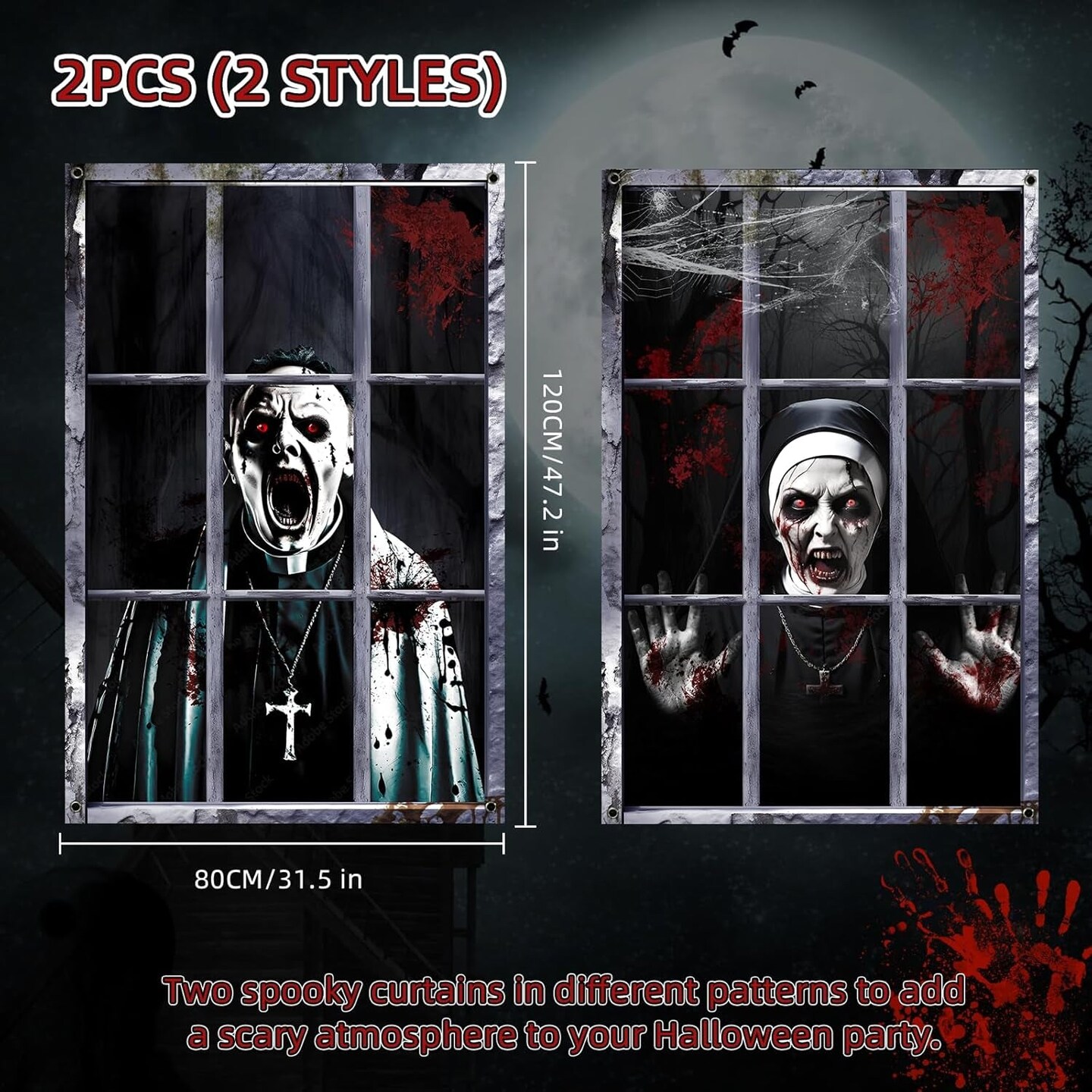 2 Pack Halloween Ghost Curtain Decorations Halloween Window Scary Male Female Blood Ghost Window Cover Halloween Window Poster for Indoor Outdoor Party Decor (Priest Ghost)