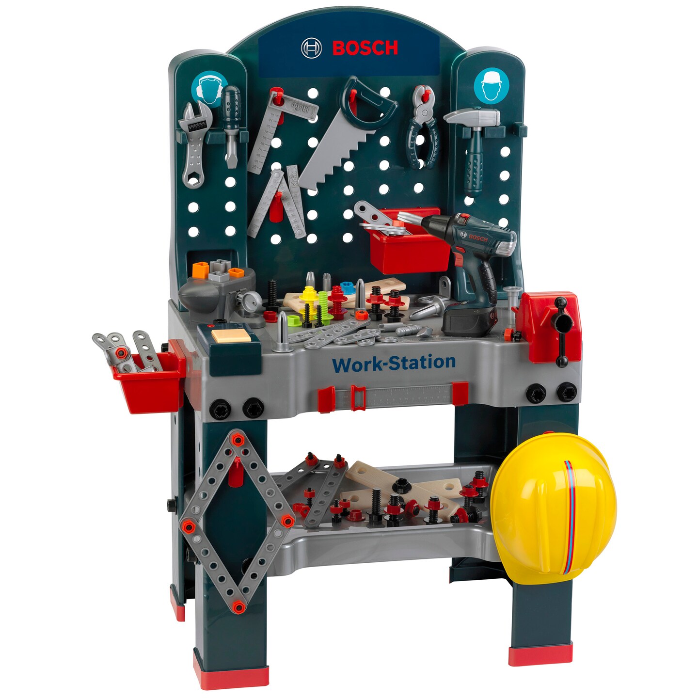 Bosch Jumbo Workstation Workbench - Tool Set, Klein Full 138 Piece Set Includes Cordless Screwdriver + Screwdriver W/ Interchangeable Attachments, Anvil, Spanner, Pliers, Hammer, Saw, Tape Measure &#x26; Caliper And So Much More, For Ages 3+