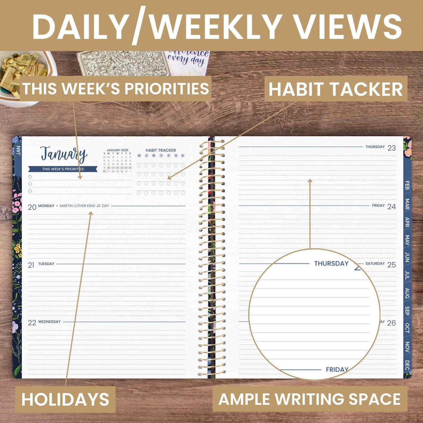 bloom daily planners 2025 Soft Cover Planner, 8.5&#x22; x 11&#x22;, Garden Party, Navy