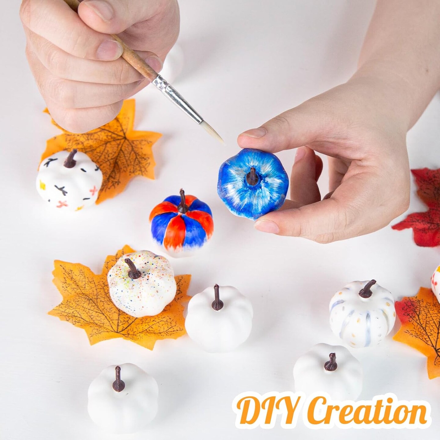 Mini White Pumpkins Foam Pumpkins Fake Maple Leaves for Fall Wedding Thanksgiving Table Decor