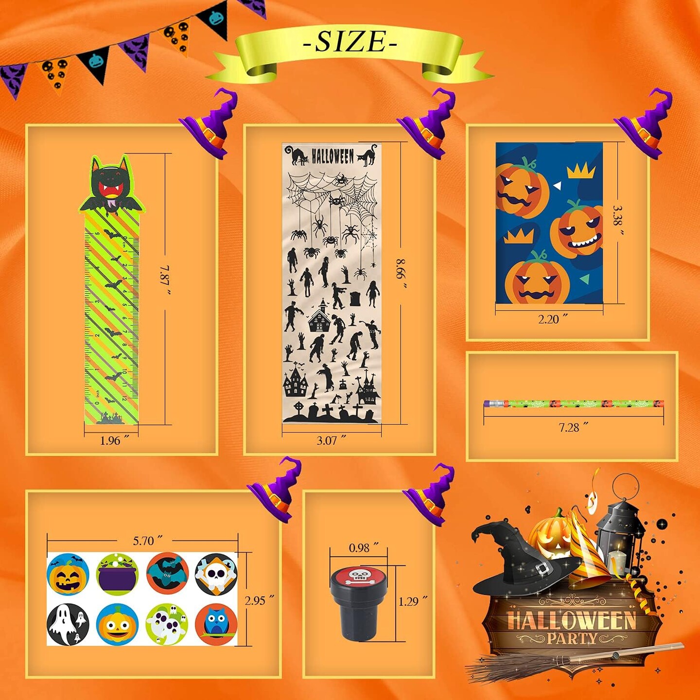 Set for kids, Halloween Party Favors set, Halloween Stationery gift kit, Halloween Goody Bag Fillers including Pencil, Eraser, Ruler, Notepad, Stamper, Sticker