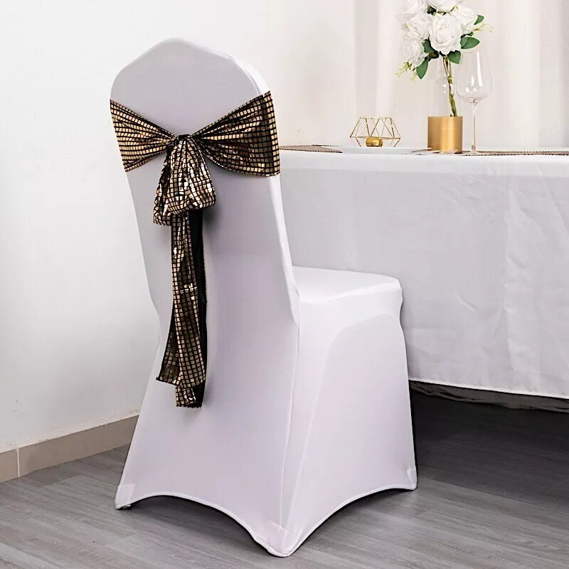 5 Black Gold Polyester Chair Sashes Mirror Foil Design Party Events Decorations