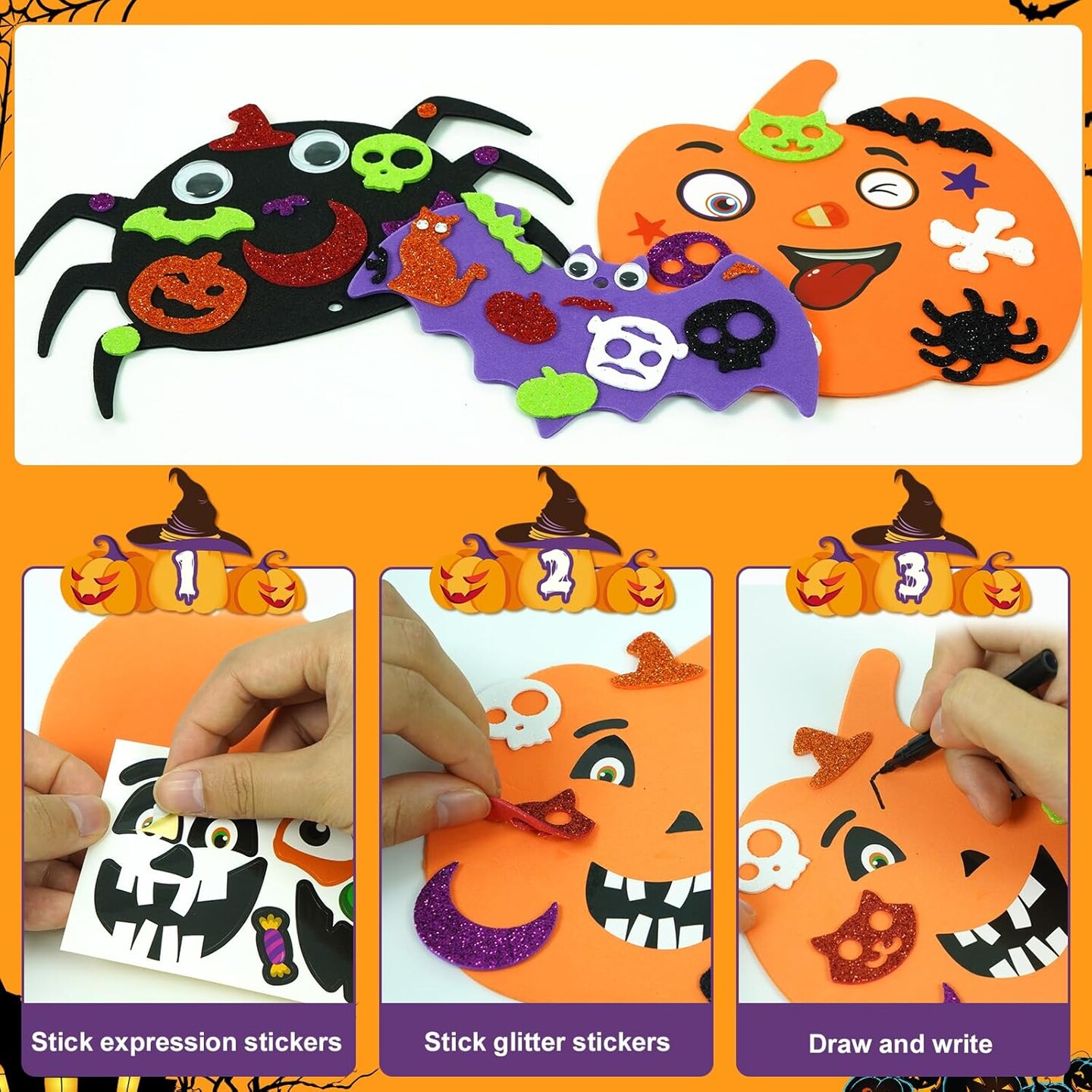 DIY Halloween Crafts Pumpkin Ghost Spider Bat Witch Hat Halloween Decorations, Foam Halloween Ornaments Kit for Party Favors Supplies