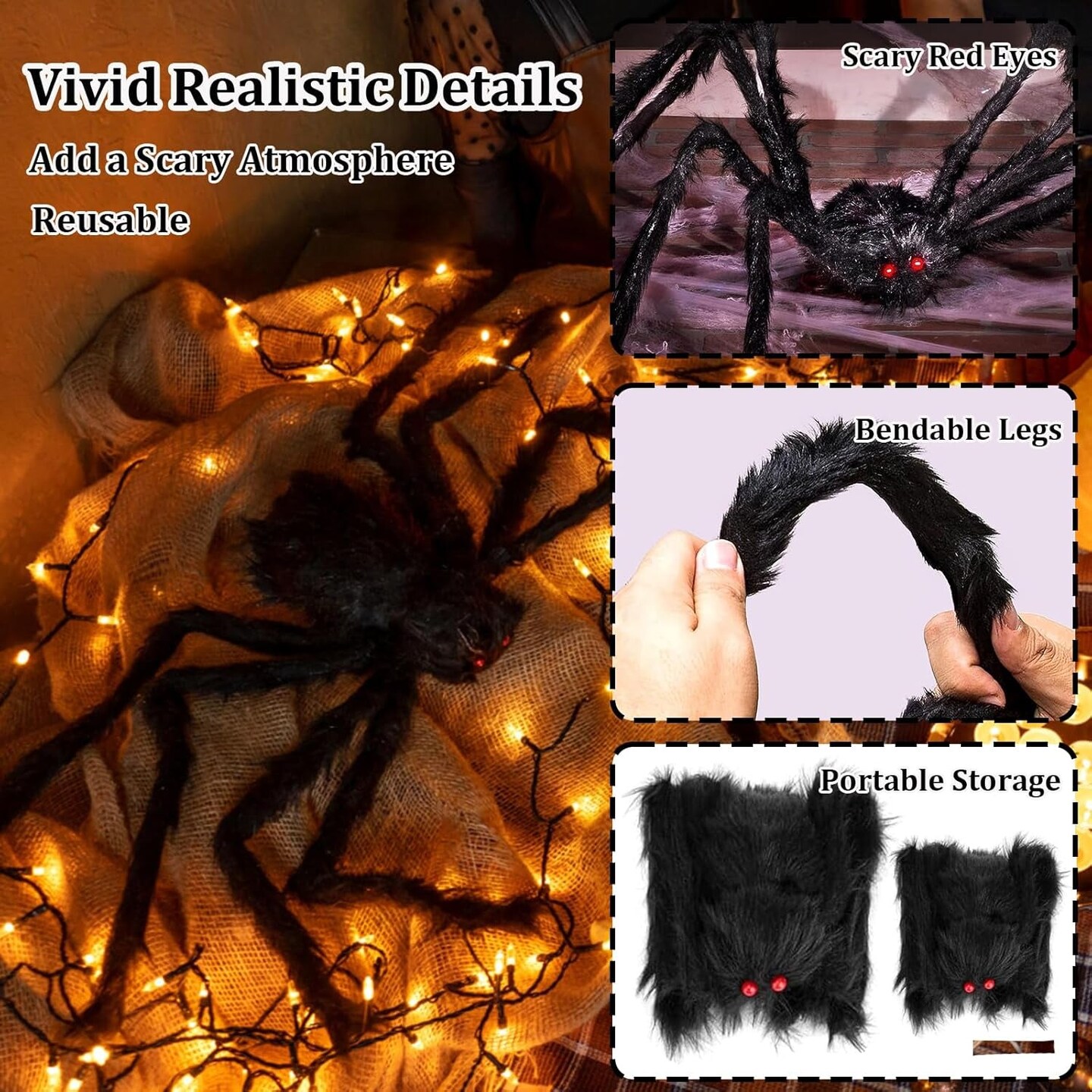 Halloween Giant Spider Decorations Indoor Outdoor Realistic Halloween Spider 3 Pack Sets with 250Sqft Spider Webs and 20 Fake Mini Spiders, Scary Hairy Spiders Props Yard Creepy D&#xE9;cor