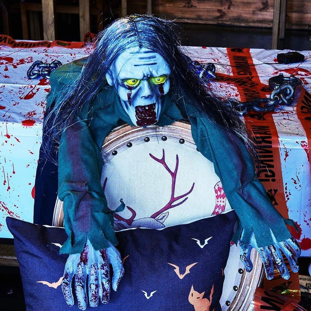 Halloween Scary Yard Decorations, Electric Crawling Ghost Long Hair Horror Voice Skeleton, Creeping Bloody Prop for Theme Park, Bar Haunted House Props Horror Layout Party Decor