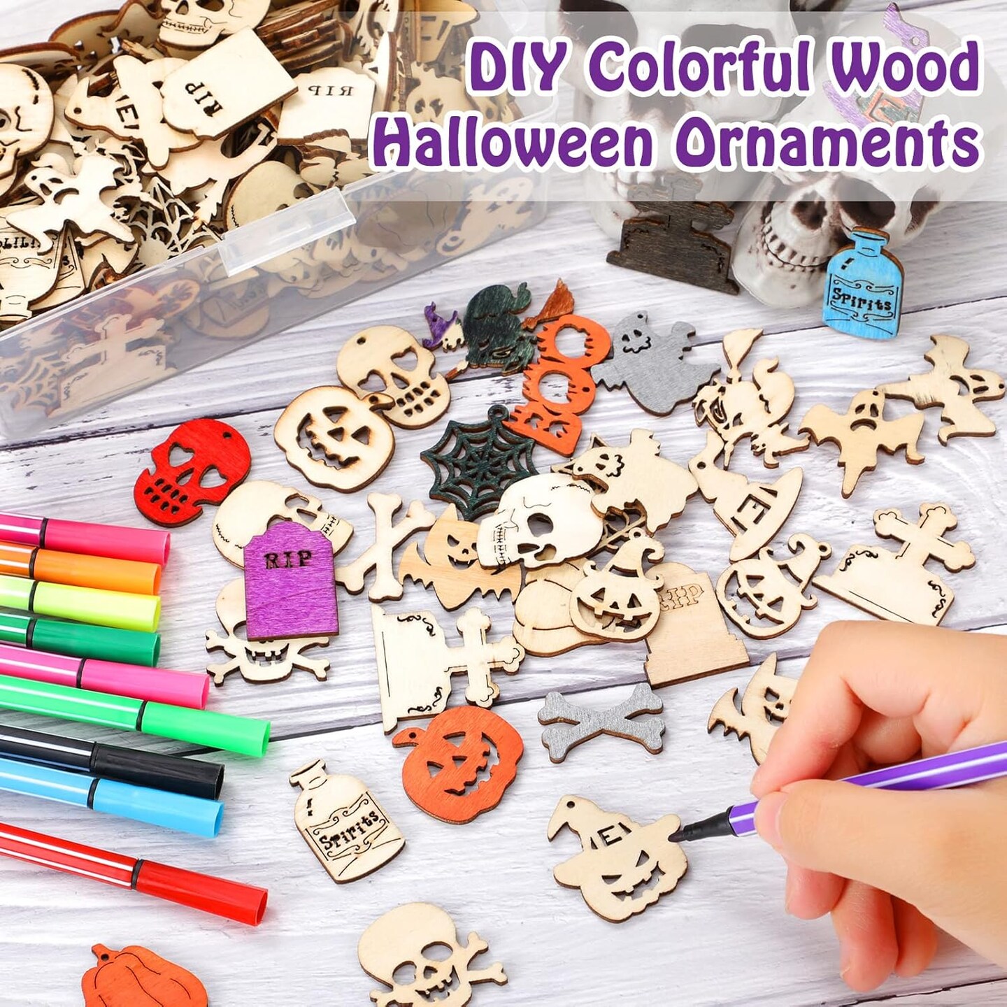 200 Pieces Halloween Unfinished Mini Wooden Ornaments Christmas