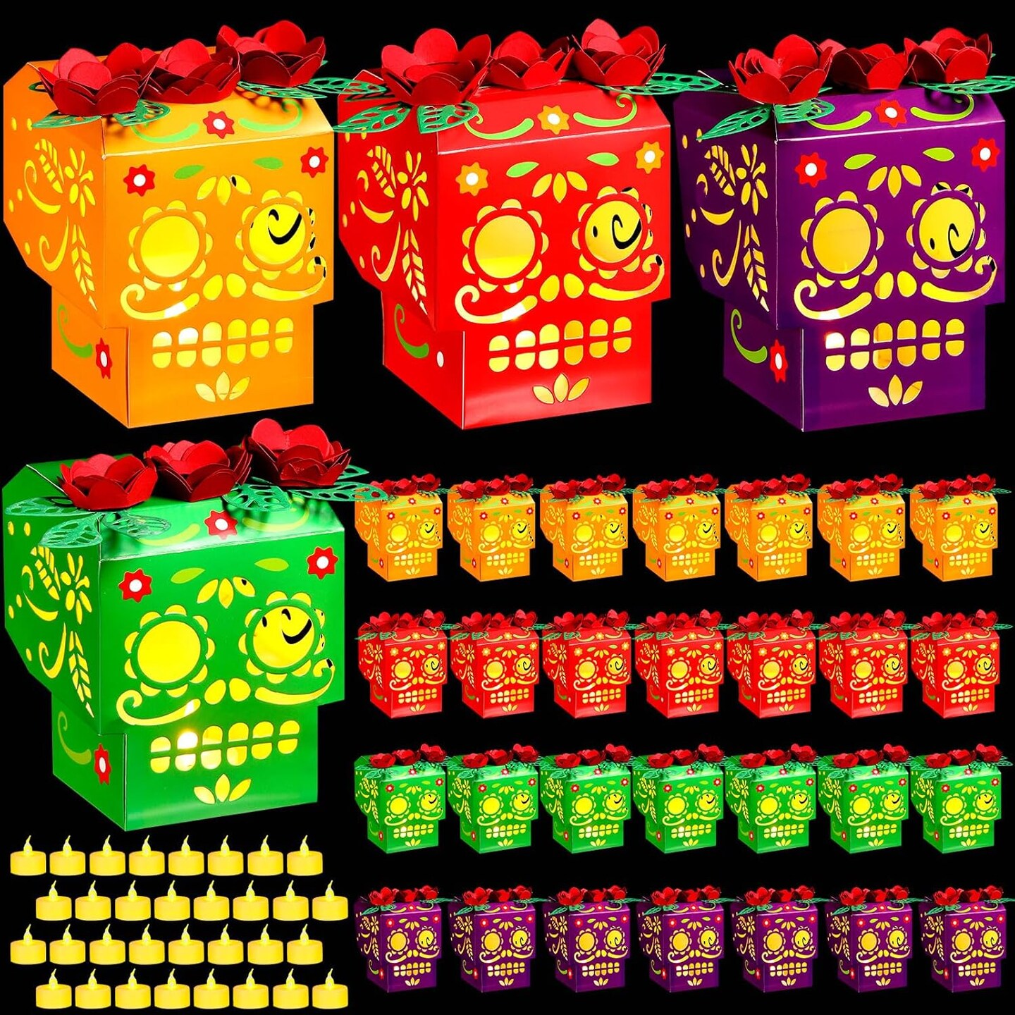 32 Sets Dia De Los Muertos Luminary Bags Lanterns with Flameless Tea Candle Halloween Day of The Dead Paper Treat Bags Flame Resistant Candle Box for Dia De Los Muertos Party Decorations