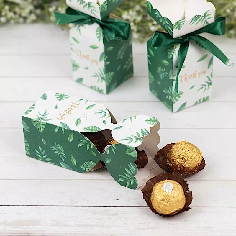 25 White Green Leaves Print Gift Favor Boxes with Satin Ribbon Party Supplies