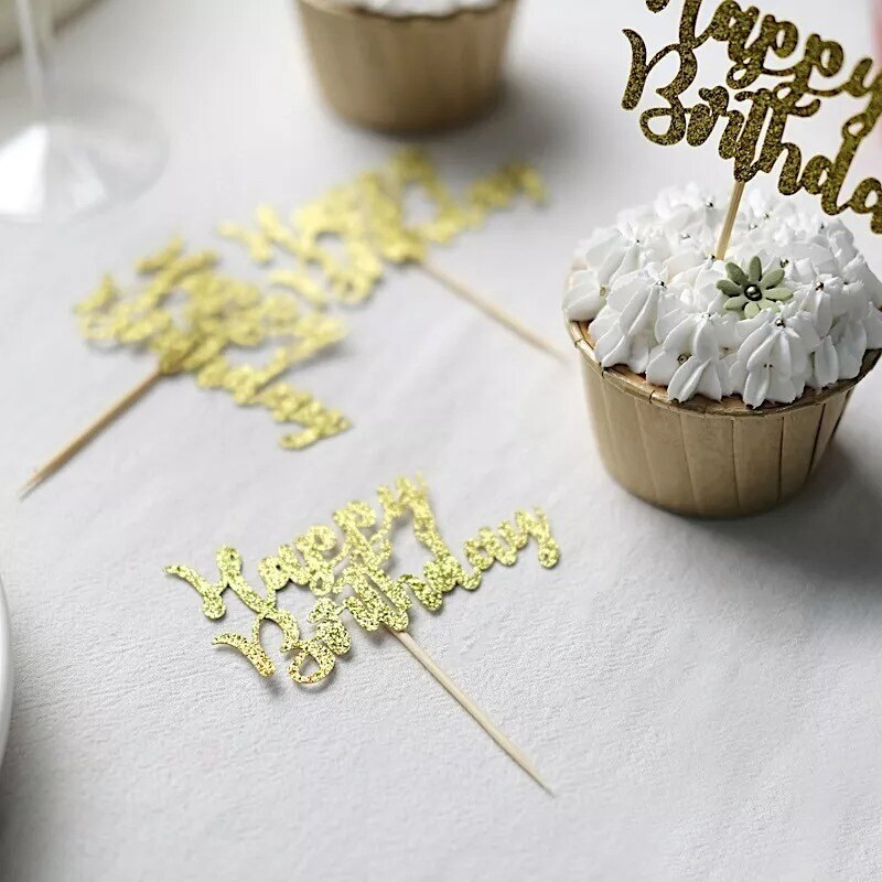 24 Gold Glittered Happy Birthday Cupcake Toppers Cake Decorations Party Supplies