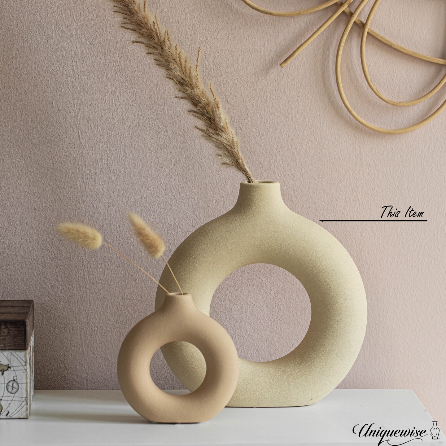 9-Inch Large and 5-Inch Small Decorative Hollow Ceramic Donut Table Vase - Handmade, Minimalist Boho Style for Modern Home Decor in Living Room, Home Office, Dining Room and Entryway Console Table