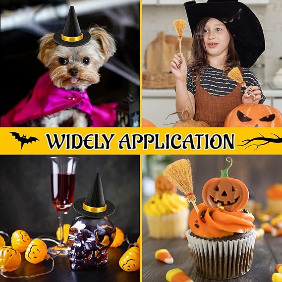 Felt Witch Hats and Brooms for Halloween Handmade Wine Bottle Party Decor