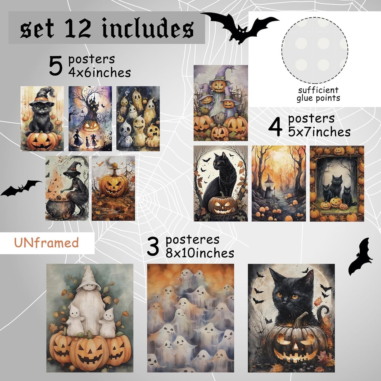 Vintage Halloween Wall Art Unframed Cute Witch Cat Pumpkin Halloween Poster Dark Academia Gothic Wall Decor Creepy Aesthetic Halloween Pictures Print for Bedroom Gallery Wall Home Decor