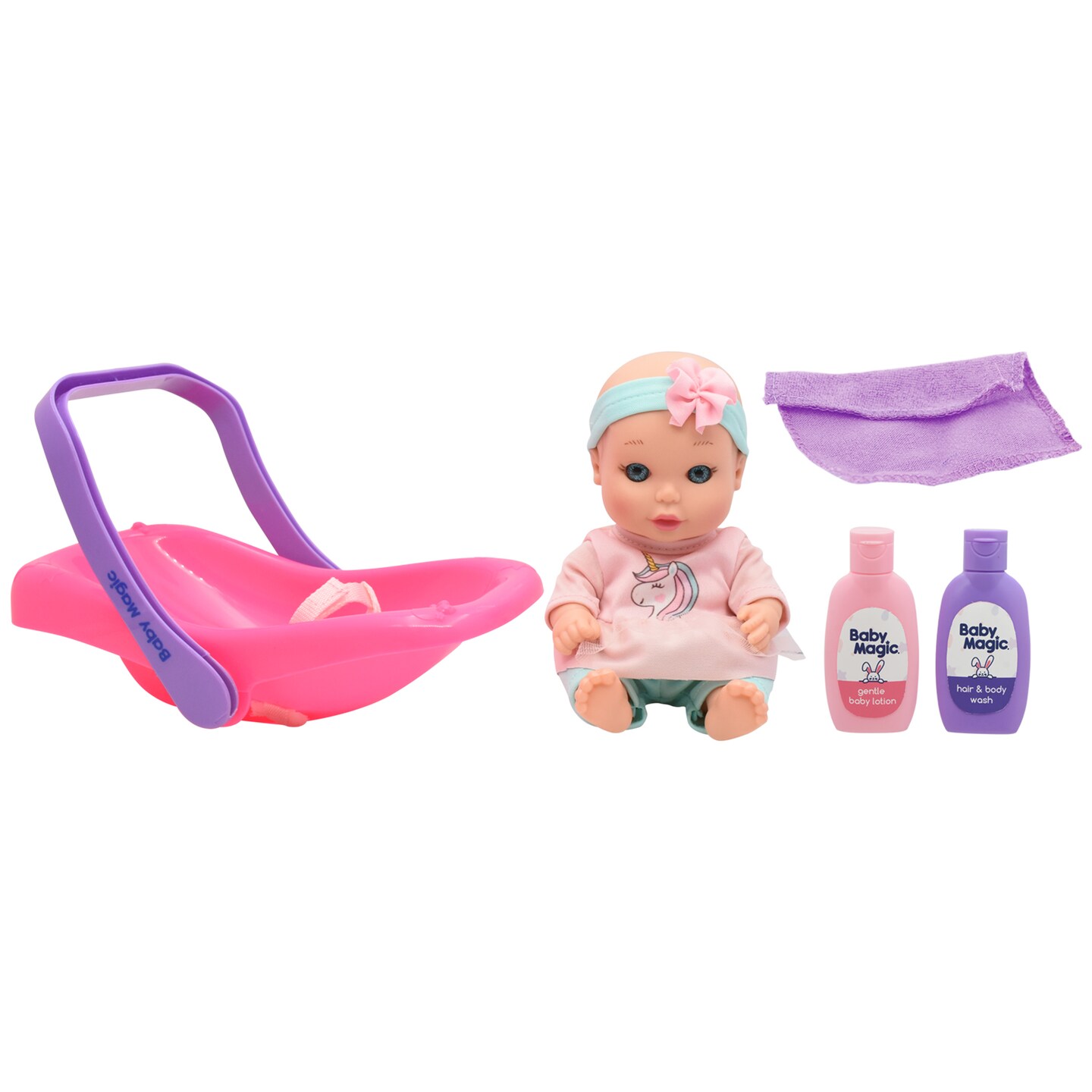 Baby Magic Tote Along Baby, 8&#x201D; Plastic body baby doll, molded carrier, accessories. Age 2+