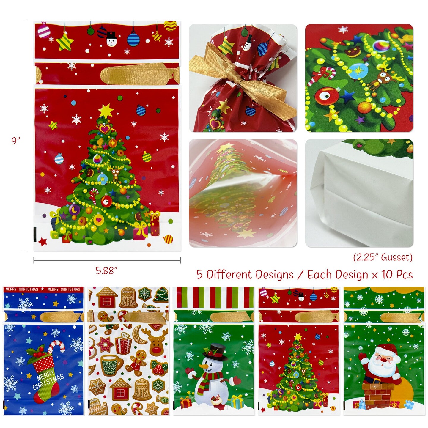 Wrapables Christmas Drawstring Treat Bags for Candy, Cookies, Treats, Gifts and Party Favors (50pcs)