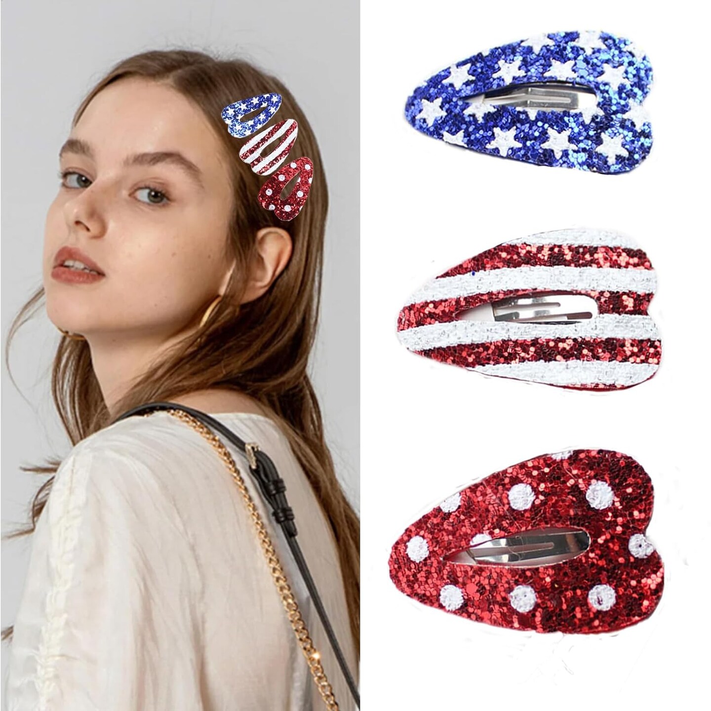 3PCS 4th of July Hair Clips Glitter Sequin Patriotic Hairpins Hair Barrettes Sparkly Red, White and Blue Snap Clips Star Stripe Independence Day Hair Grips for Memorial Themed Party