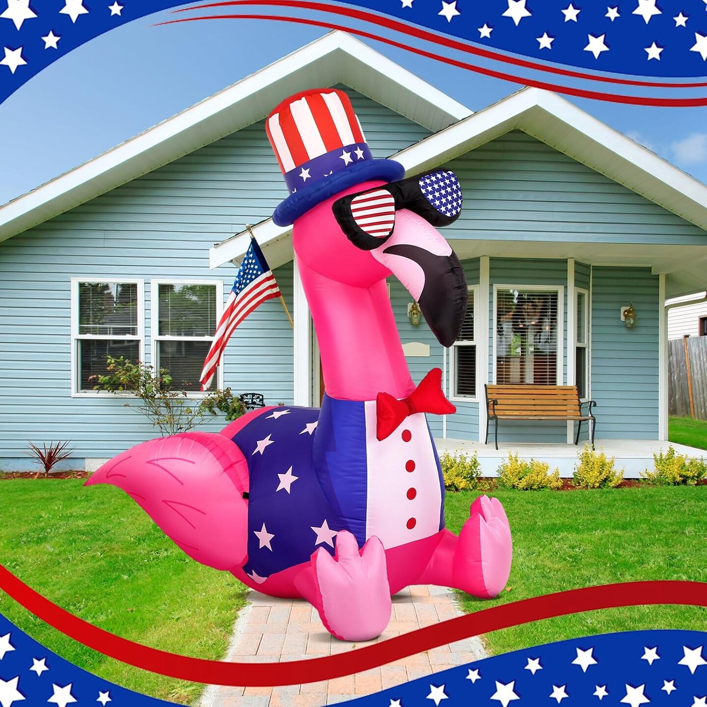 5 ft 4th of July Inflatables Outdoor Decorations Flamingo Patriotic Inflatables Independence Day Blow up with Built-in LEDs Lights for Yard Garden Lawn Memorial Holiday Party Decor