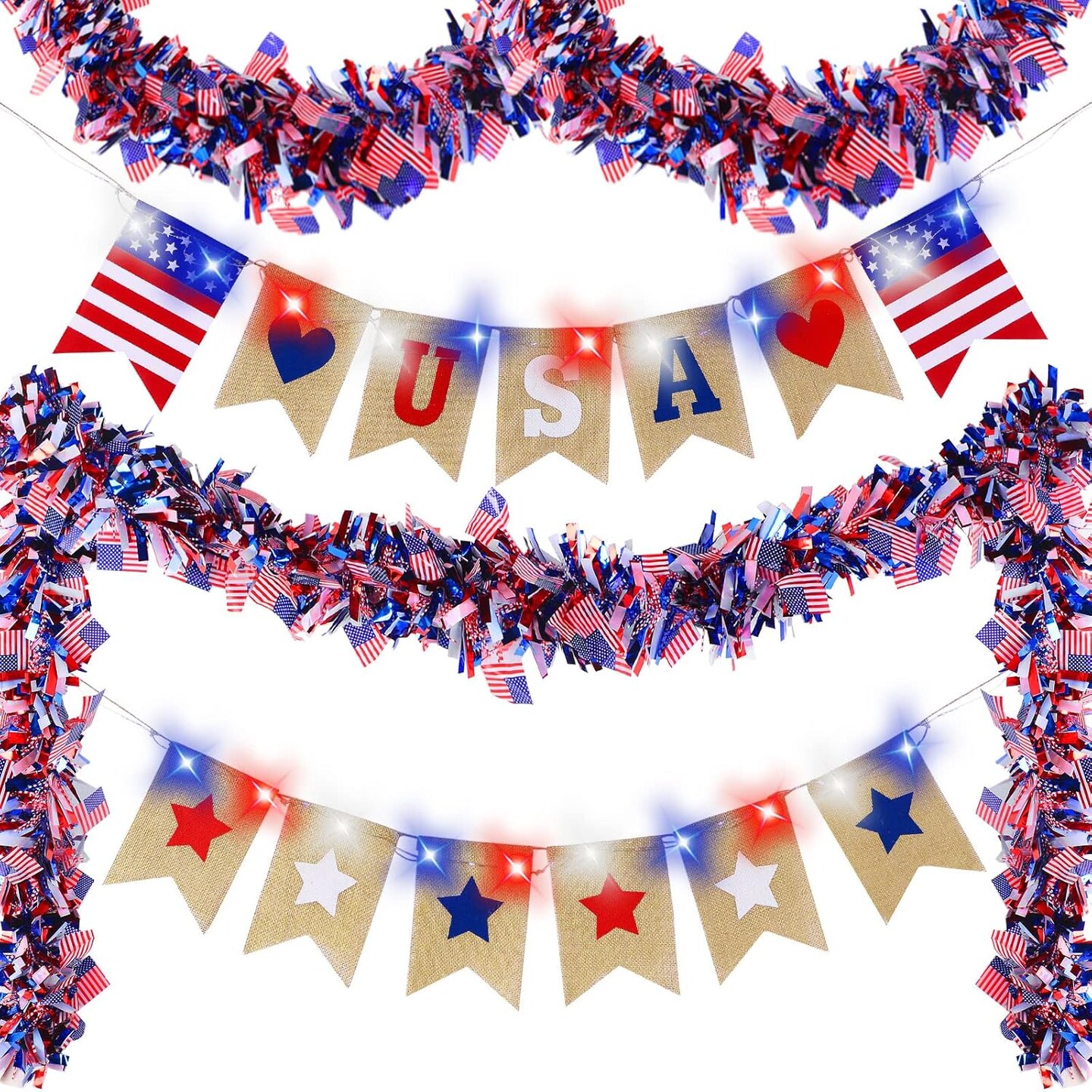 7 Pcs 4th of July Patriotic Decorations Set Burlap Banner and 78.74 Inch Tinsel Garland with Red White Blue Light American Flag Parade Golf Cart Car Shiny Tinsel for Memorial Day