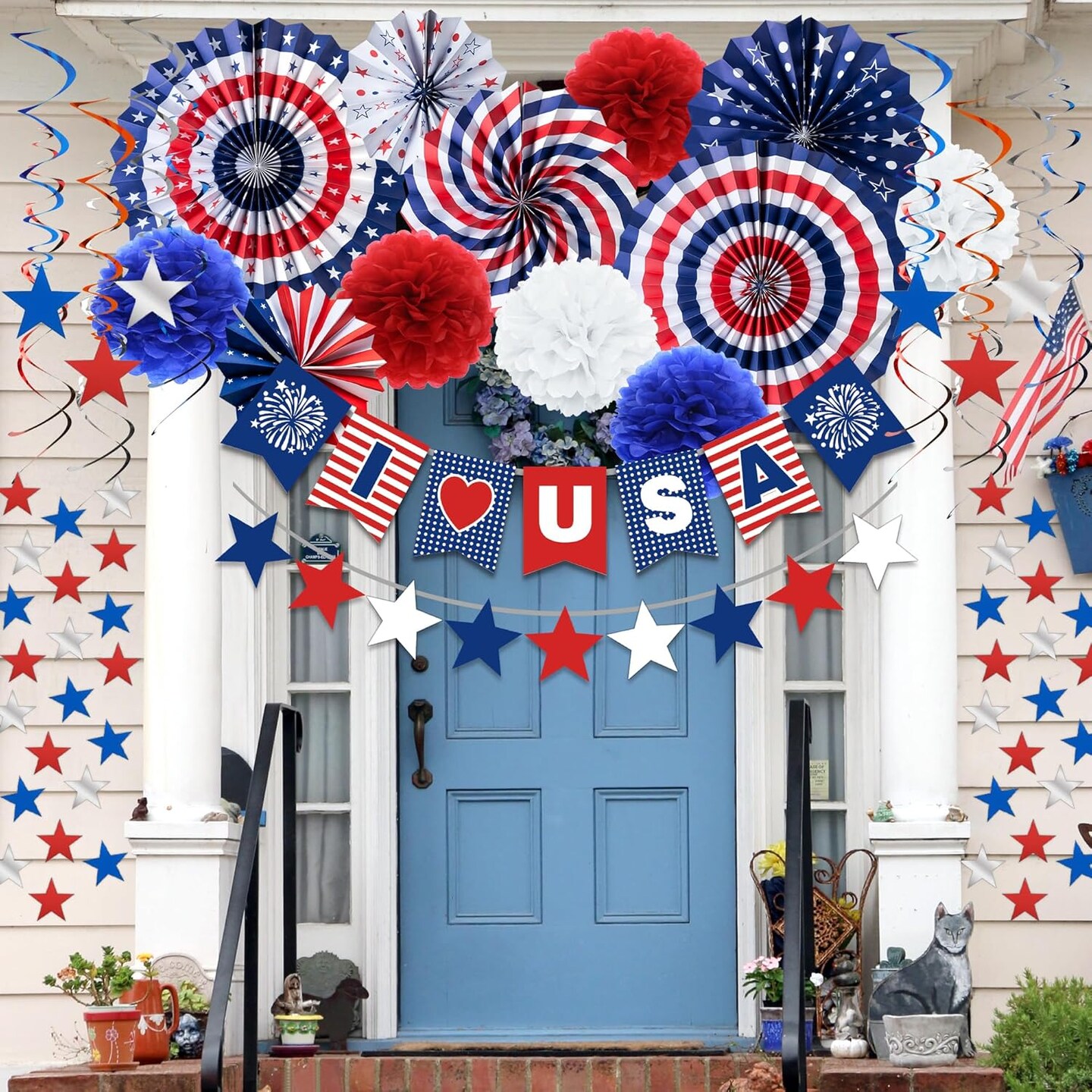 4th of July Decorations, 33PCS Memorial Day Decorations Set with Banner, USA Foil Balloons, Paper Fans, Star Streamer, Hanging Swirls, Pom Poms for Fourth of July Patriotic Red White and Blue