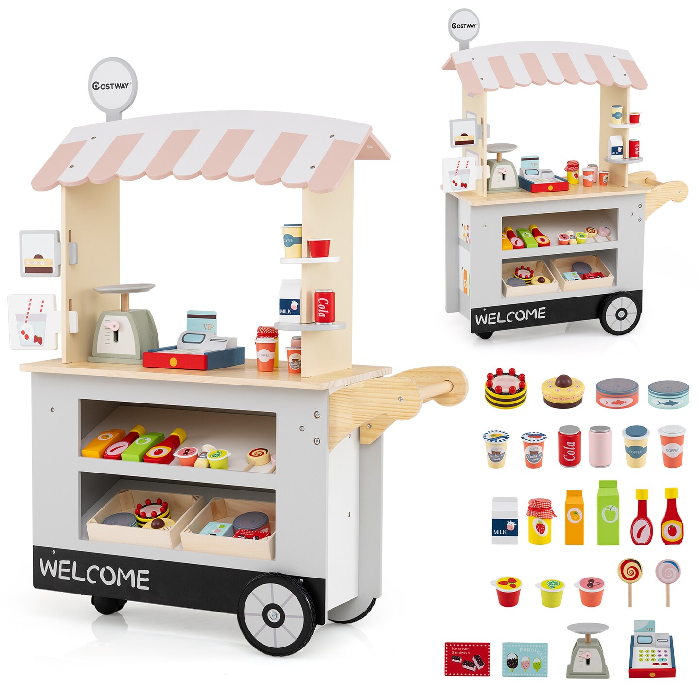 Kids’ Pretend Play Food Cart with 30 Accessories Wooden Ice Cream & Snack Shop Toy with Wheels