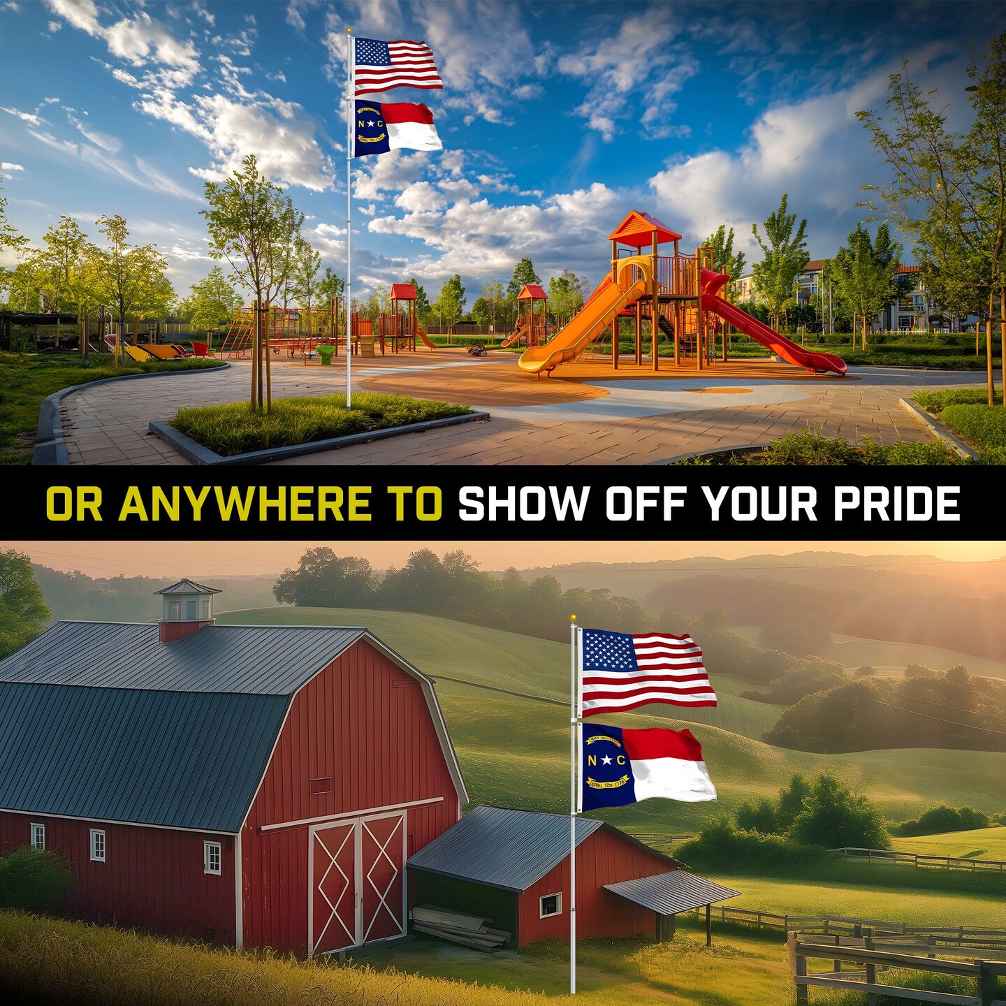 G128 Combo Pack: 20 Ft Telescoping Aluminum Flagpole (Silver) & American and North Carolina Flags 3x5 Ft, Both StormFlyer Series Embroidered 220GSM Spun Polyester | Pole with Flags Included