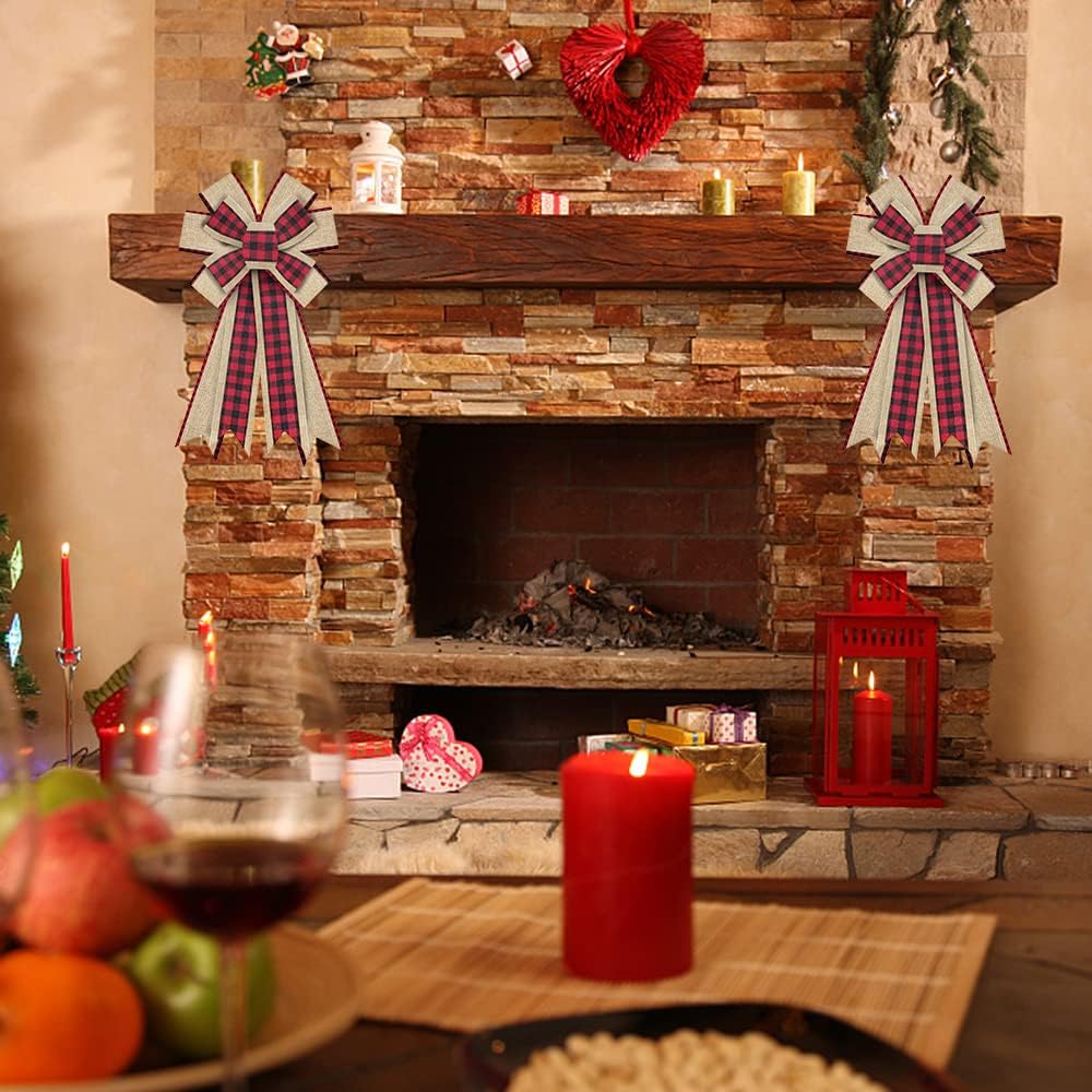 Christmas Wreath Bows Christmas Decor Bow Red Black Buffalo Plaid Burlap Bows for Wreaths, Christmas Ribbon Bows Tree Topper Bows for Christmas Home Indoor Outdoor Decoration Wreath Ornament Supplies