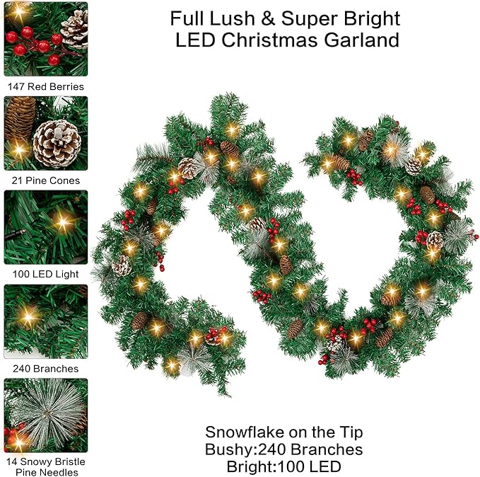 Garland Battery Operated Christmas Garland Lighted Pine Garland Mantle Garland for Outdoor Indoor Christmas Xmas Holiday Decorations, Warm White