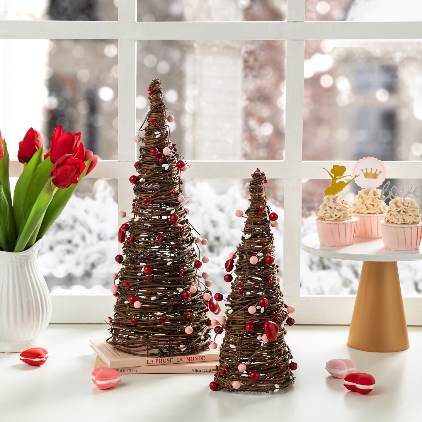 16"H Set of 2 Valentine's Rattan Heart and Berries Table Tree