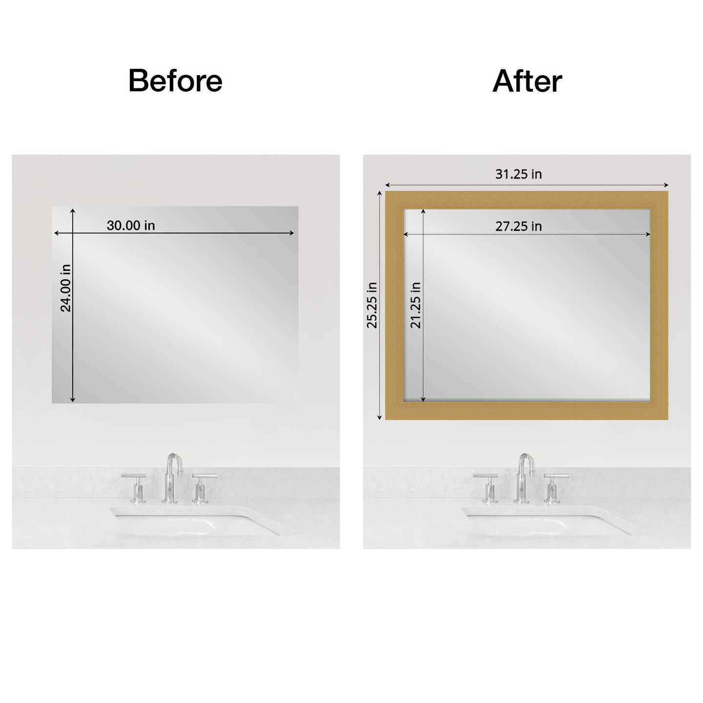 Amanti Art Mirror Makeover Bathroom Mirror Frame Border Kit - Fully Assembled Peel and Stick Frame - Mirror NOT Included - Grace Brushed Gold Trim