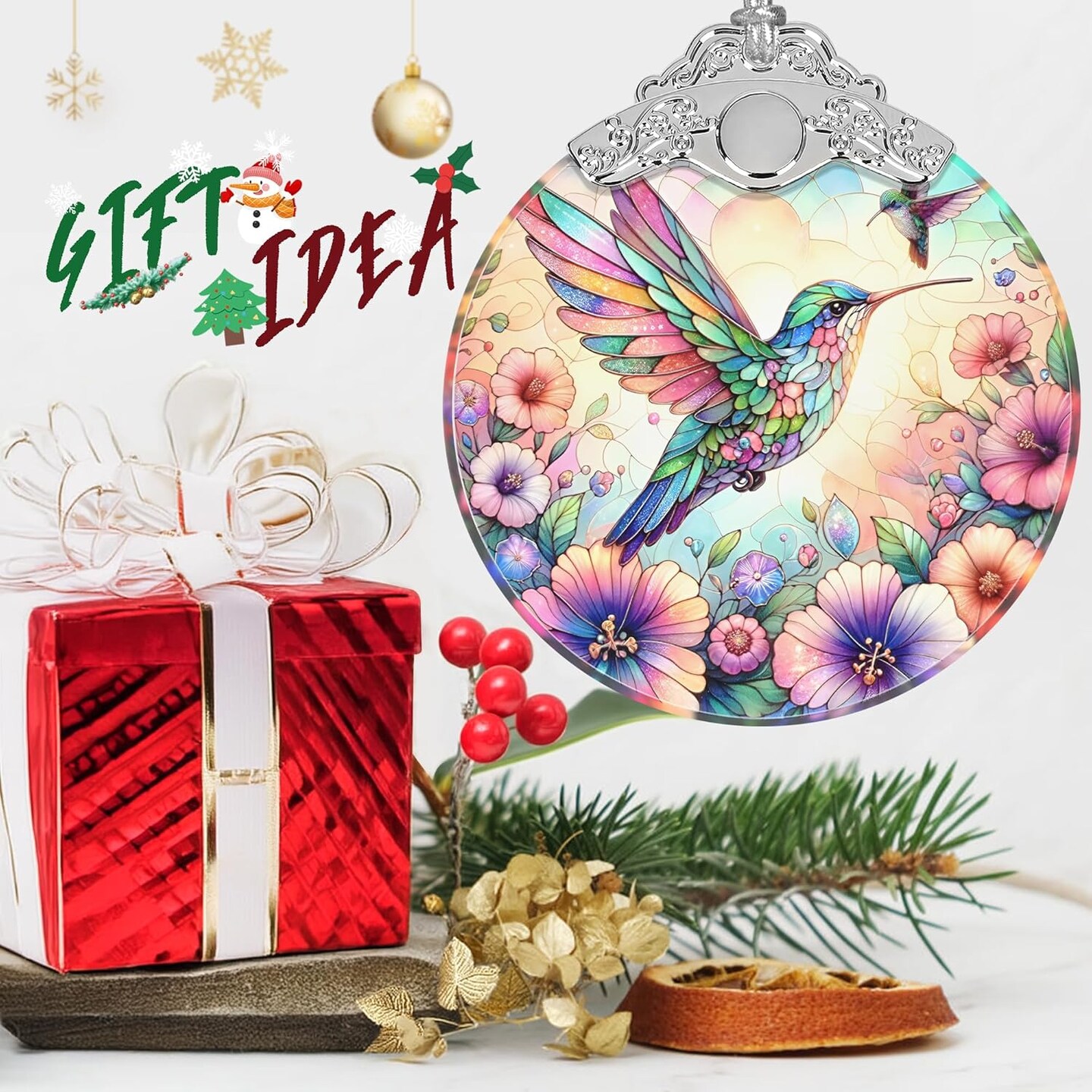 Christmas Ornament - Stained Glass Hummingbird Ornament - Christmas Home Decor - Christmas Tree Ornament - Holiday Ornament - Holiday Present Ideas - Gift Exchange