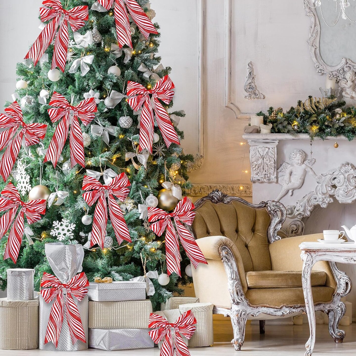 24 Pcs Christmas Bows for Xmas Tree Christmas Wreath Bow Large Decorative Bow Ribbon Bow for Gift Indoor Outdoor Home and Party Holiday Decorations(Red and White,Striped)