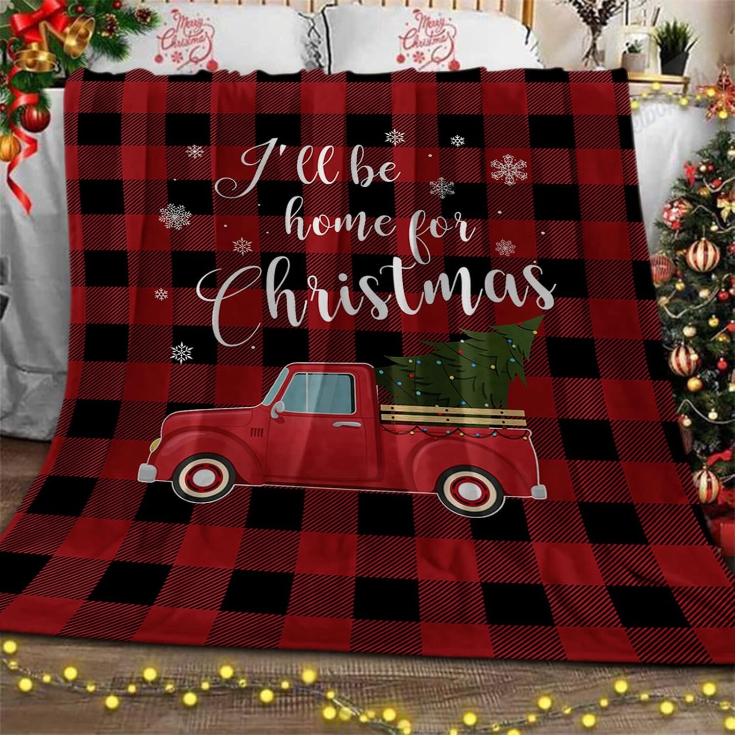 Christmas Truck Soft Fleece Throw Blankets for Couch, Xmas Tree Buffalo Plaid Microfiber Bed Blanket, Farmhouse Snowflake Check Christmas Throws, 40x50inch Flannel Blanket Cover for Sofa Travel