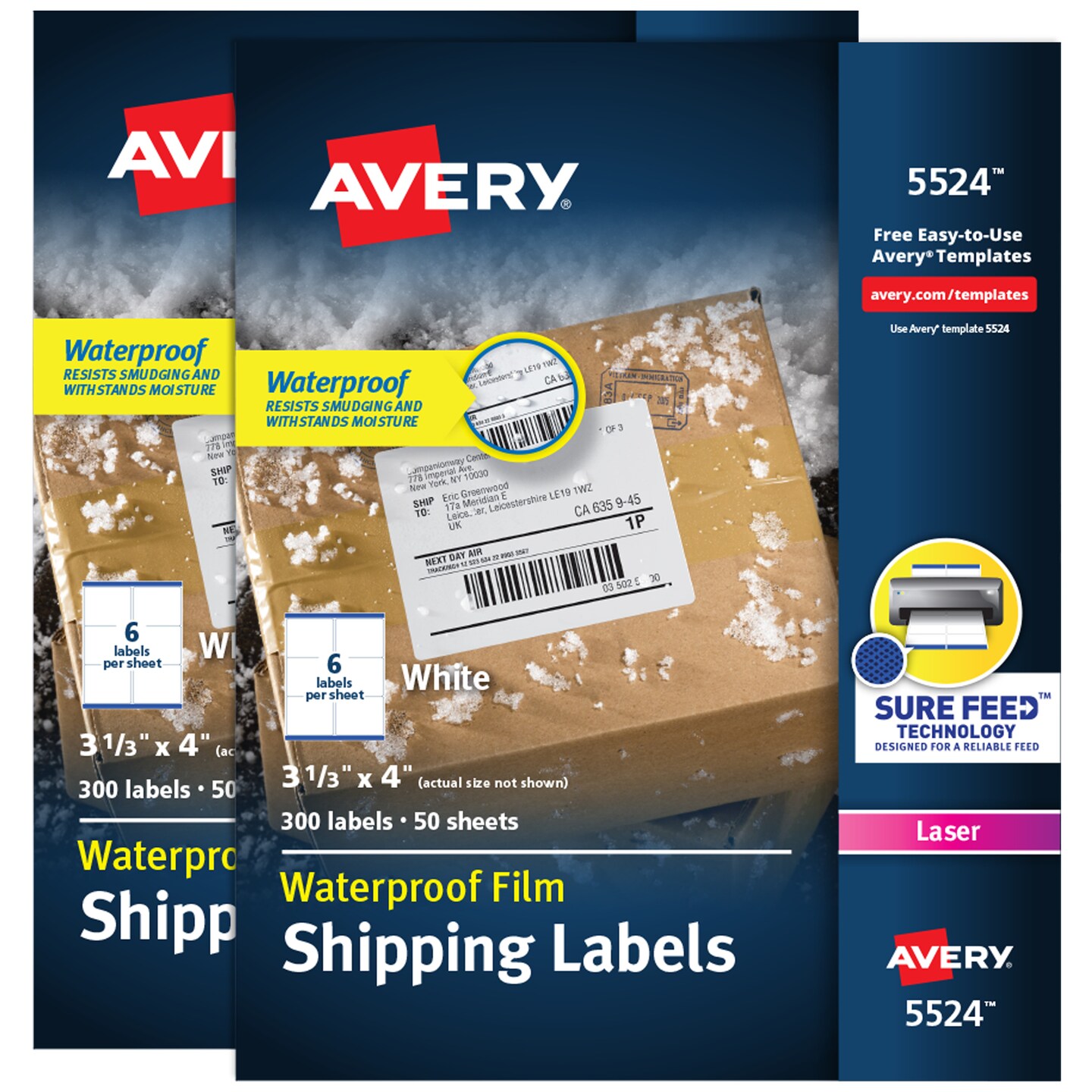 Avery Waterproof Labels with Ultrahold Permanent Adhesive, 3-1/3&#x22; x 4&#x22;, Laser, 2-Pack, 600 Labels Total (25524)