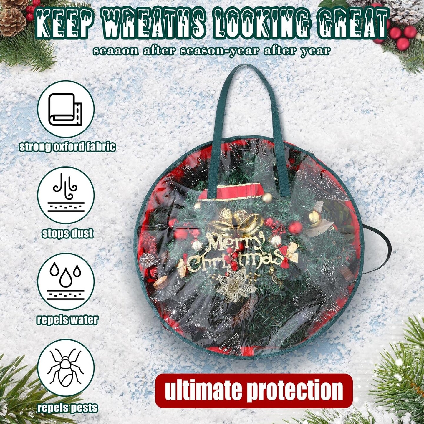 4 Pcs Christmas Wreath Storage Bag Clear Wreath Box Wreath Storage Containers with Clear Window and Handle Christmas Garland Storage Containers for Xmas Holiday Seasonal Storage (24 Inch)