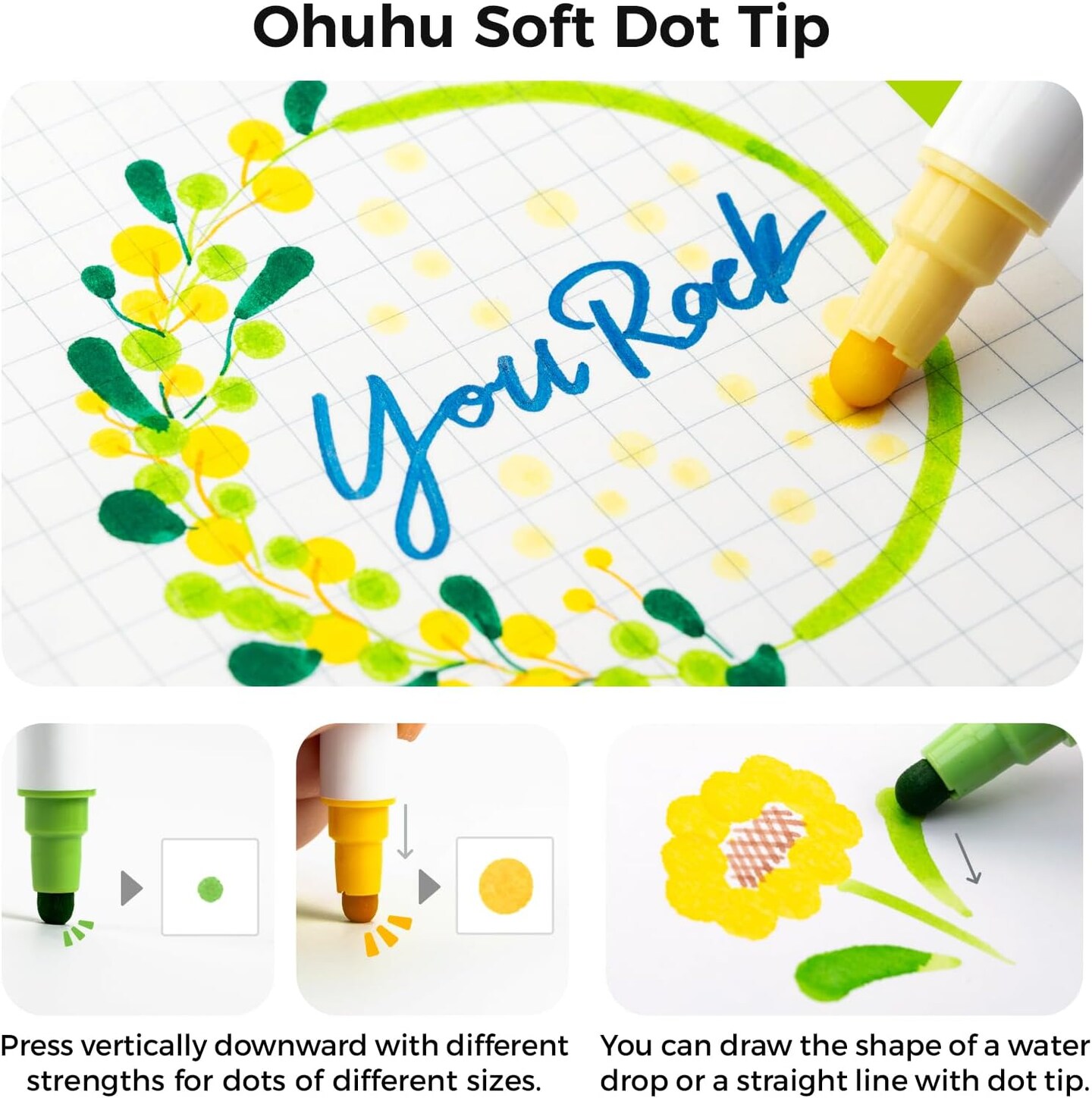 Ohuhu Dot Markers 24 Colors Dot Marker Pens Dual Tips(Calligraphy Brush &#x26; Dot) for Adults Water-based Metallic &#x26; Regular Colors Dot Pens for Lettering Journal Scrapbooking Coloring Markers - Kumimi