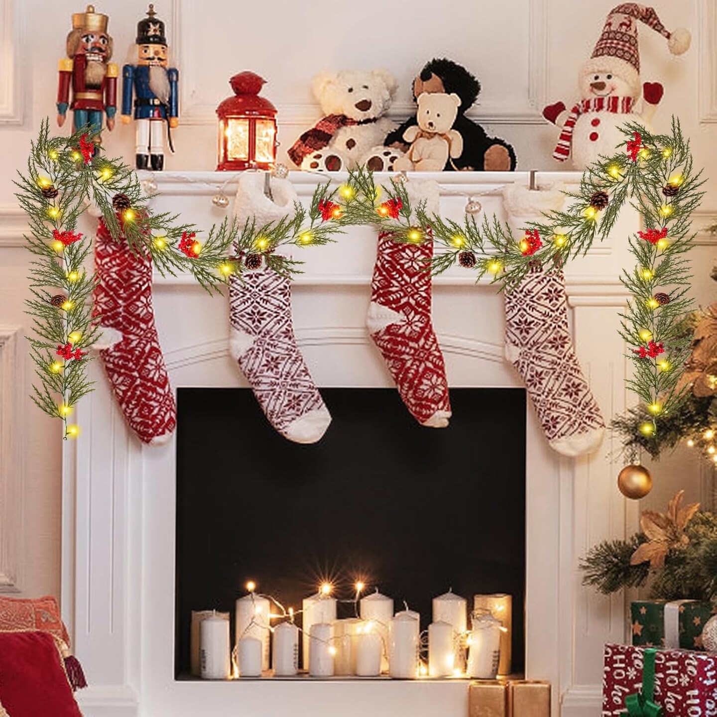 6 FT Battery Operated Artificial Greenery Garland with Timer, 20 LEDs, Pine Cones and Red Berries for Mantle, Front Door, Stairs Railing Decoration (1 Pack)