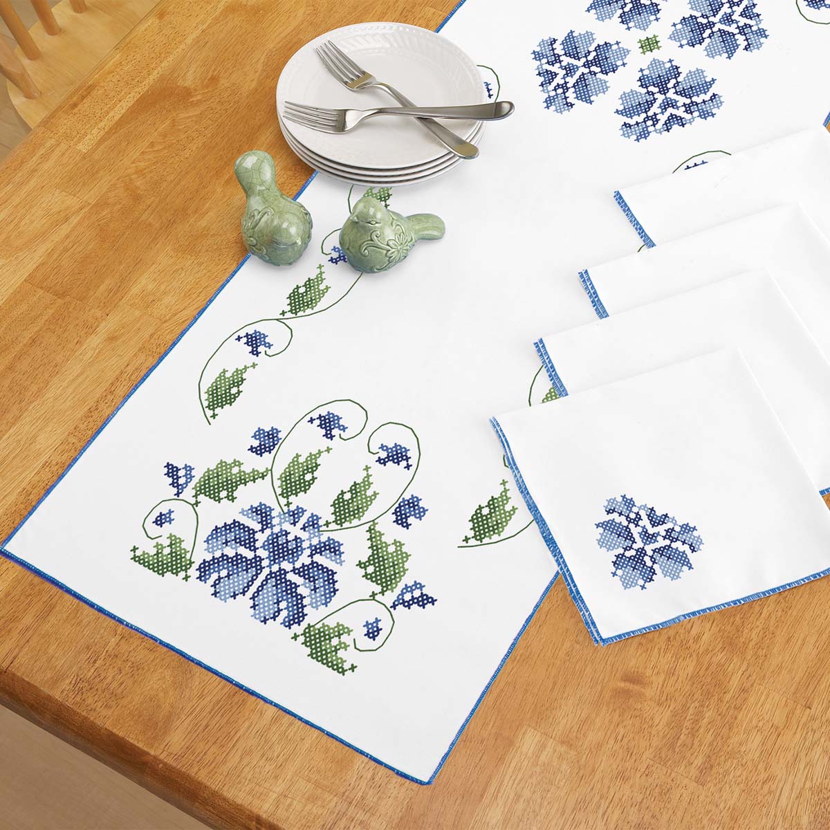 Herrschners  Garden in Blue Table Runner &#x26; Napkins Stamped Cross-Stitch