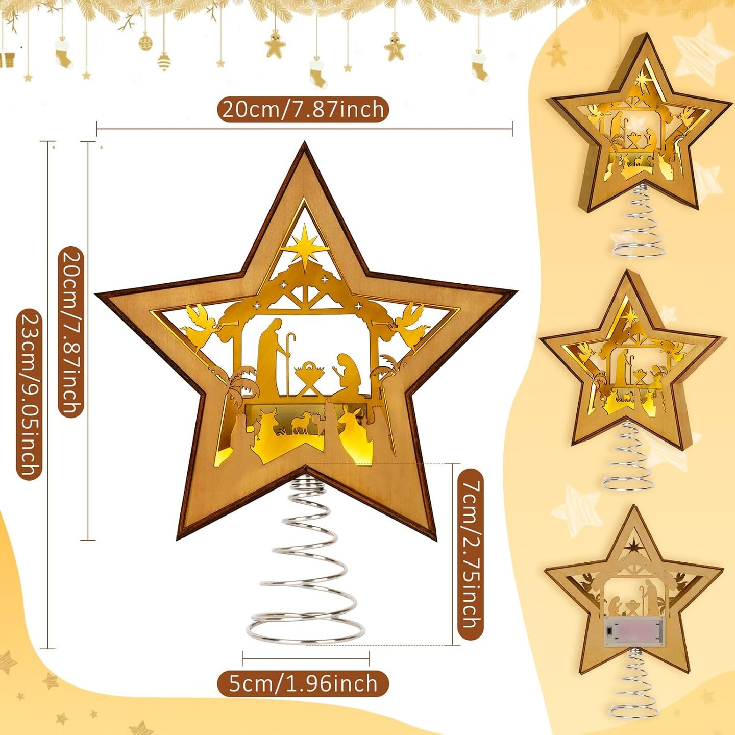 Christmas Tree Topper Star Lighted, Wooden Star Tree Toppers Christmas Decorations, Christmas Tree Star Topper with Lights, Rustic Tree Topper for Small Nativity Scene Indoor Christmas Decor