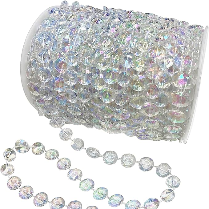 99ft Crystal Bead Garland for Christmas Tree Decorations, Iridescent Acrylic Beaded Garland Strand Roll, Hanging Christmas Decorations Indoor Home Decor, String Diamond Beads for Crafts Curtains