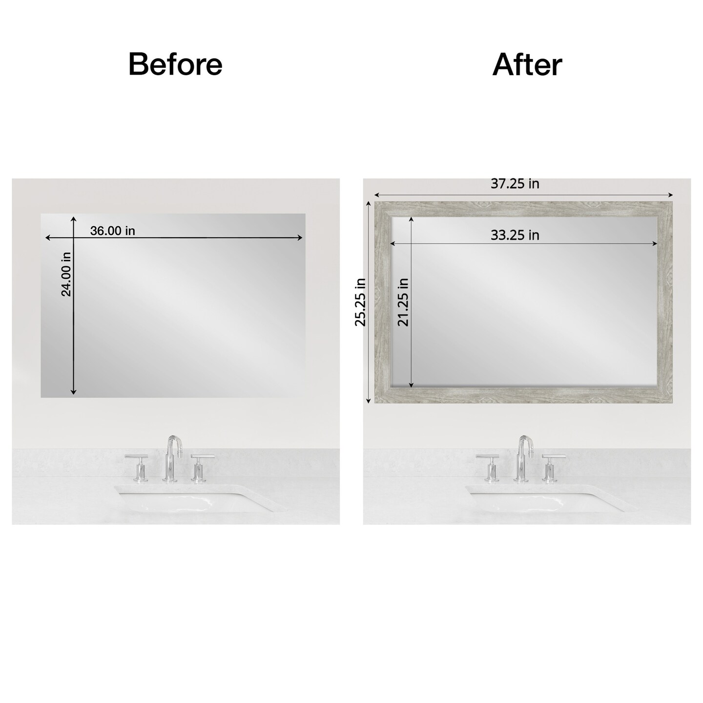 Amanti Art Mirror Makeover Bathroom Mirror Frame Border Kit - Fully Assembled Peel and Stick Frame - Mirror NOT Included - Dove Greywash Narrow Trim