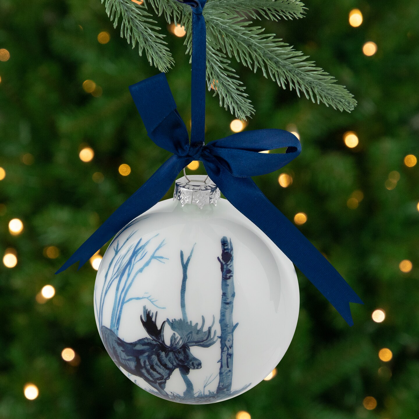 Northlight 4&#x22; White and Blue Moose Glass Christmas Ball Ornament